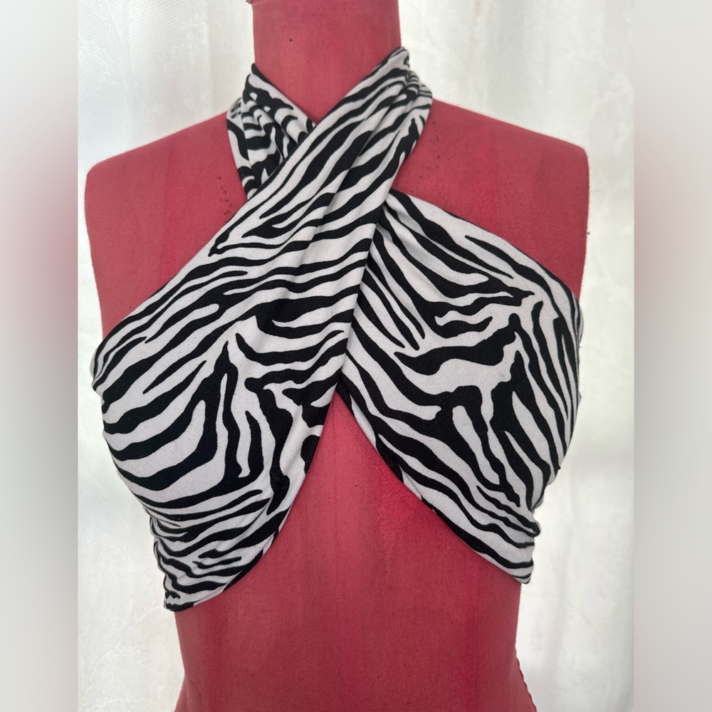 Zebra Stripe Tied Backless Halter Top
